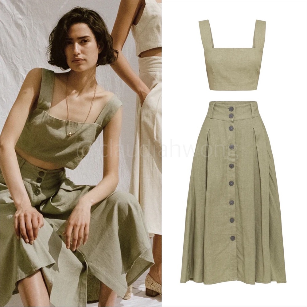 ALL THAT REMAINS Linen Una Top + Faye Midi Skirt SET in Sage Green
